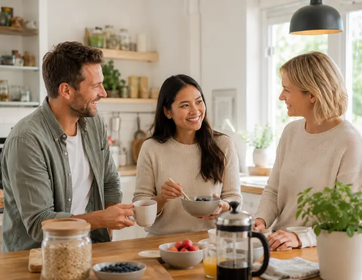 Vermittlerin im persönlichen Gespräch mit Eltern und Au-pair in der Küche