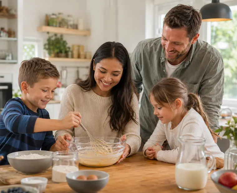 Au-pair backt gemeinsam mit zwei Kindern und dem Vater in einer hellen Küche
