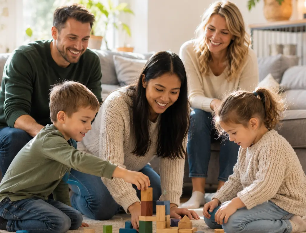 Au-pair spielt mit zwei Kindern, die Eltern sitzen lächelnd dahinter
