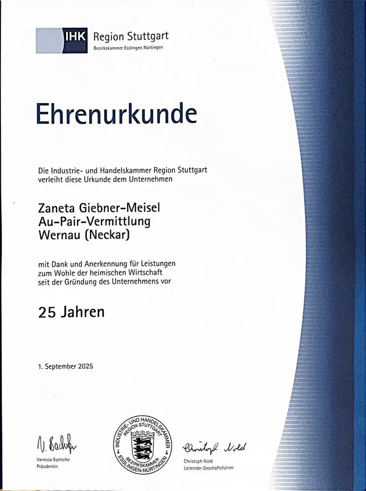 IHK Region Stuttgart Ehrenurkunde für 25 Jahre Au-pair Vermittlung Giebner-Meisel, 2025